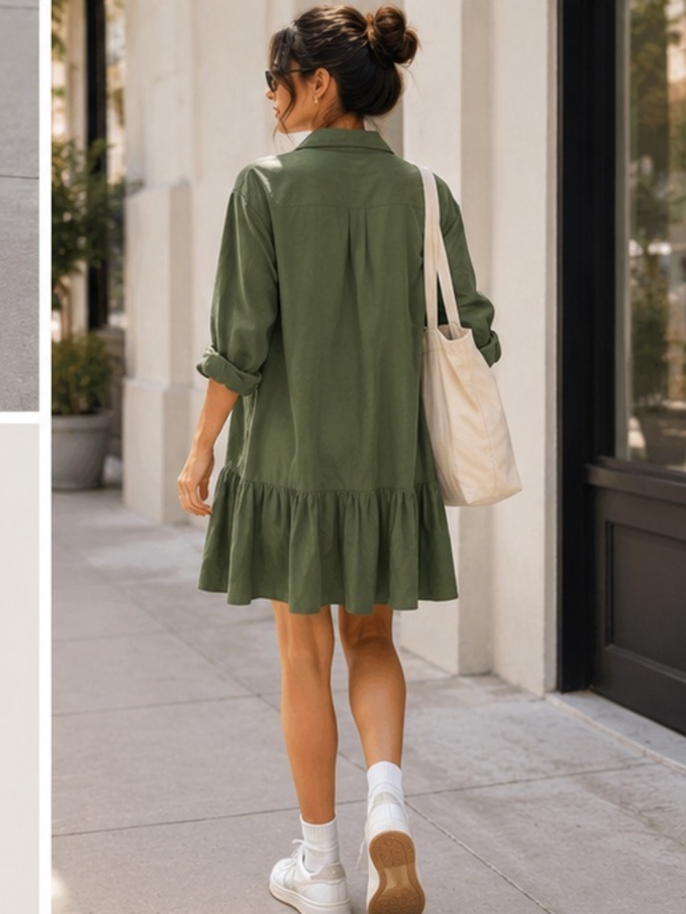 Zara Olive Green Button-Front Ruffle Hem Shirt Dress - Picture 2 of 3